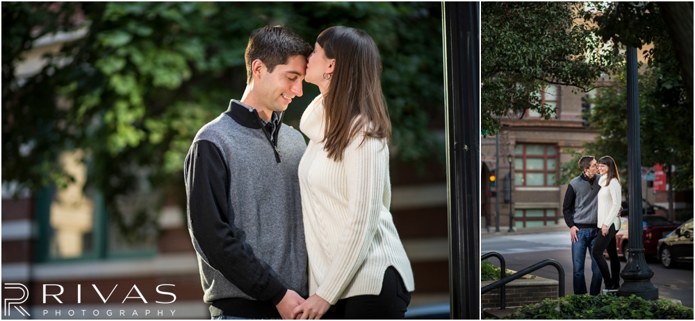 Timeless Garment District Engagement Session | Two pictures of engaged couple in fall sweaters hugging in Kansas City's Garment District. 