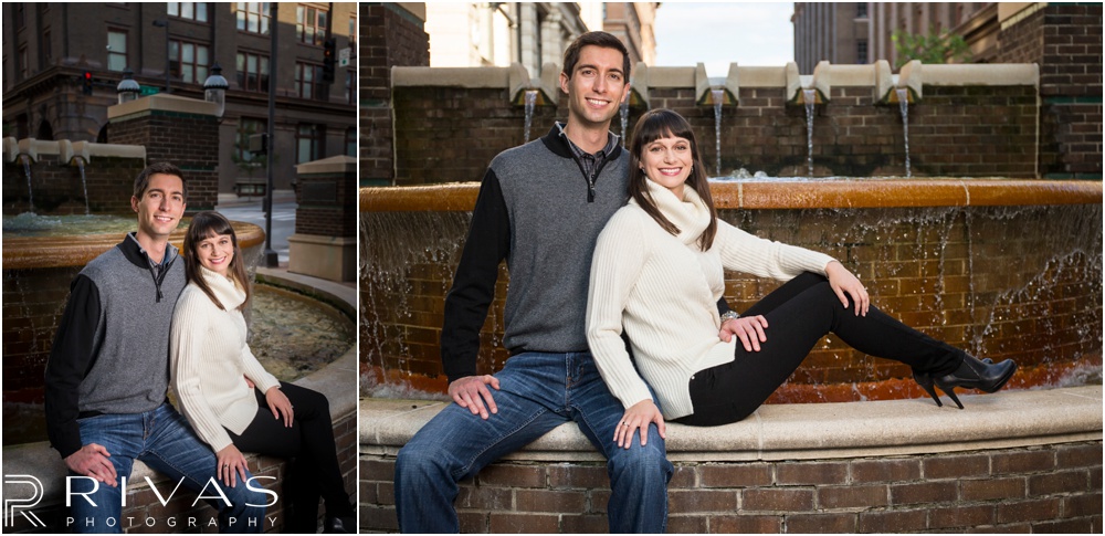 Timeless Garment District Engagement Session | Two pictures of engaged couple in fall sweaters sitting by a fountain in Kansas City's Garment District. 