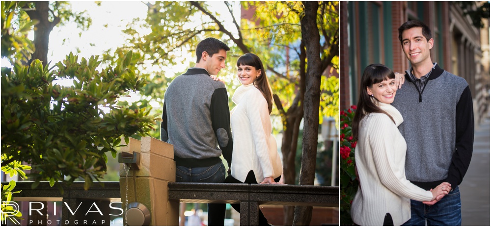 Timeless Garment District Engagement Session | Two pictures of an engaged couple in fall sweaters on a street in downtown Kansas City. 