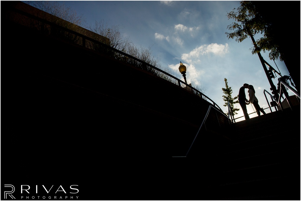 Timeless Garment District Engagement Session | A silhouetted picture of an engaged couple in downtown Kansas City. 
