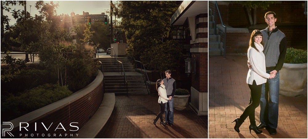Timeless Garment District Engagement Session | Two pictures of an engaged couple holding hands in downtown Kansas City. 