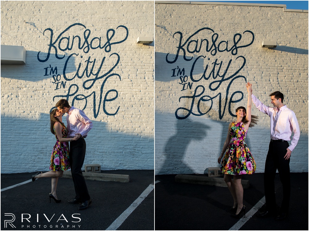 Timeless Garment District Engagement Session | Two pictures of an engaged couple dancing in front of a mural in downtown Kansas City. 
