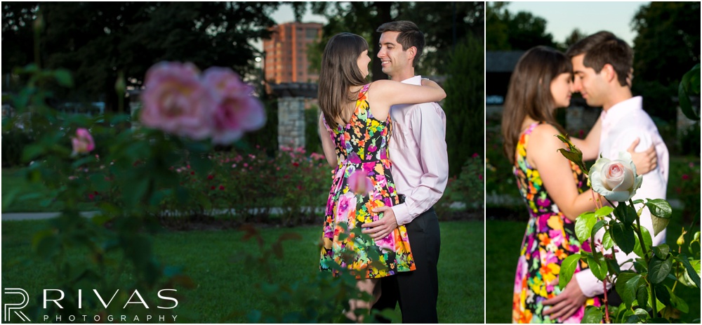 Timeless Garment District Engagement Session | Two pictures of an engaged couple hugging in the rose garden at Loose Park. 