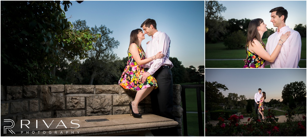 Timeless Garment District Engagement Session | Three candid photos of an engaged couple hugging in the rose garden at Loose Park. 