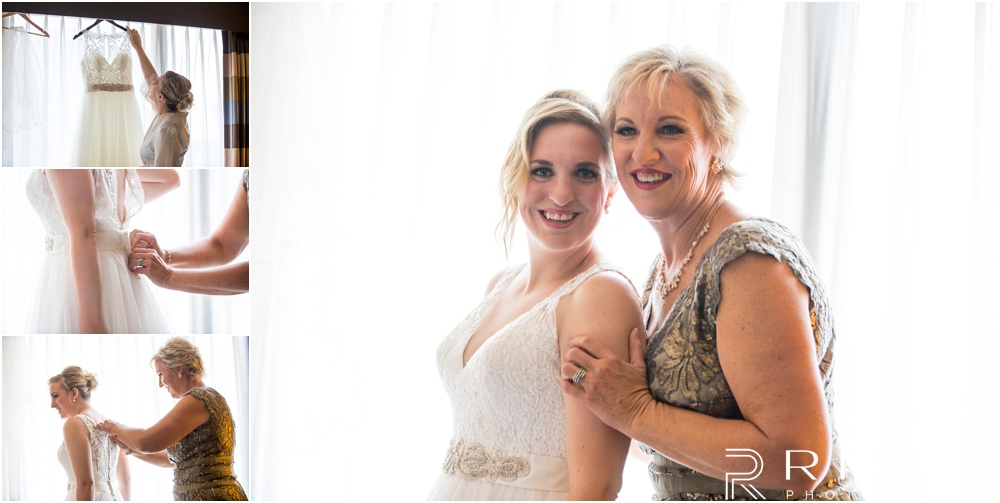 Rustic Outdoor Fall Wedding | Four candid photos of a bride and her mom as she gets dressed on her wedding day. 