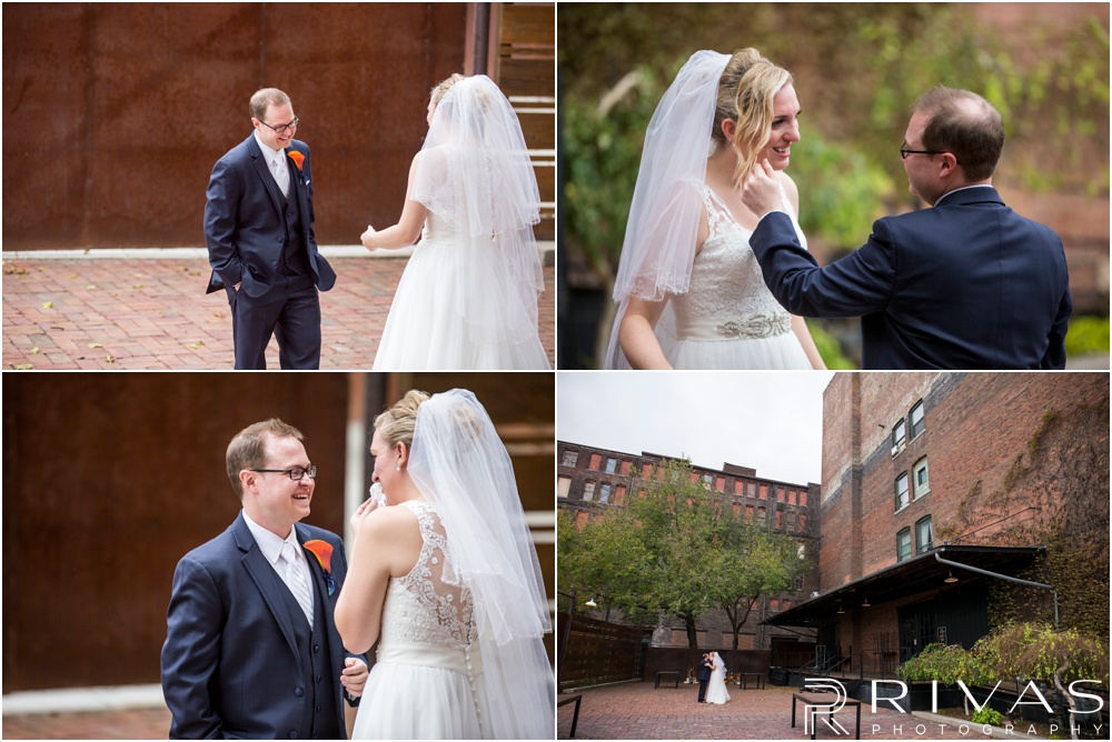 Rustic Outdoor Fall Wedding | Four candid moments of a bride and groom sharing their first look with each other on their wedding day. 