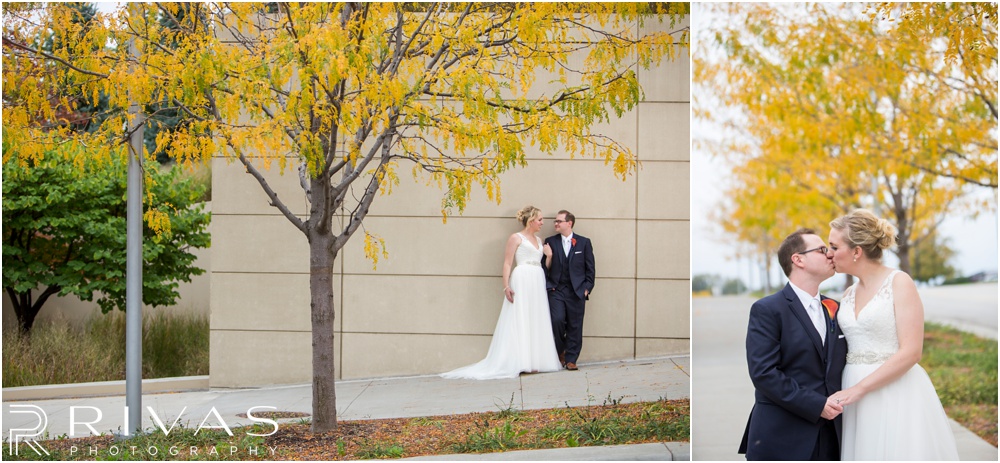 Rustic Outdoor Fall Wedding | Two candid photos of a bride and groom on the north side of The Kauffman Center for Performing Arts on their wedding day. 