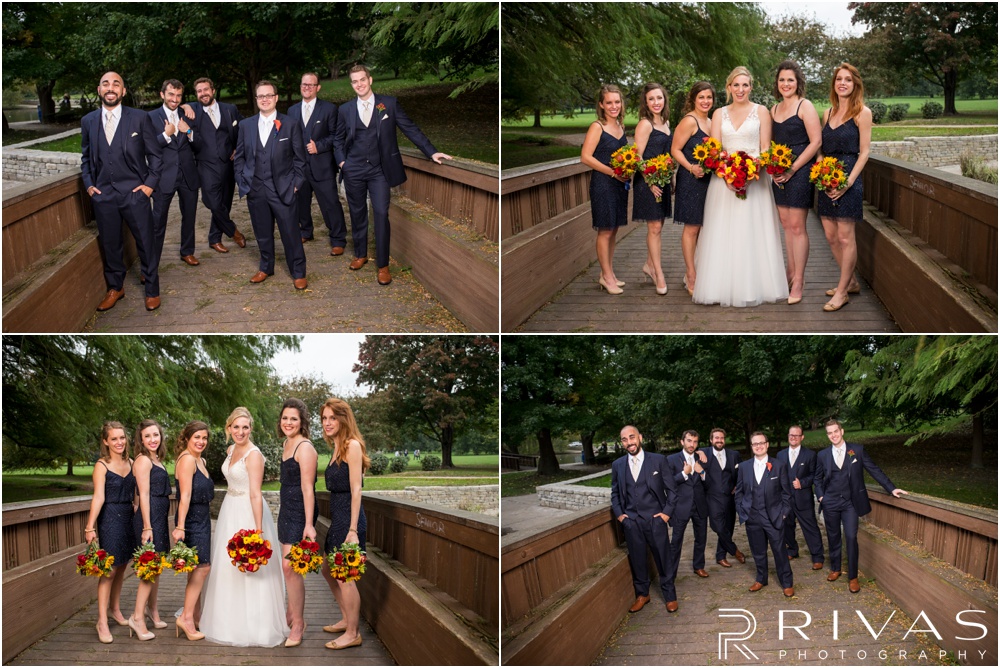 Rustic Outdoor Fall Wedding | Four candid photos of a bride and groom with their bridesmaids and groomsmen on a wooden bridge. 