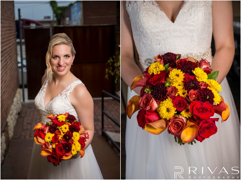 Rustic Outdoor Fall Wedding | Two close-up photos of a bride in her wedding gown with her bridal bouquet. 