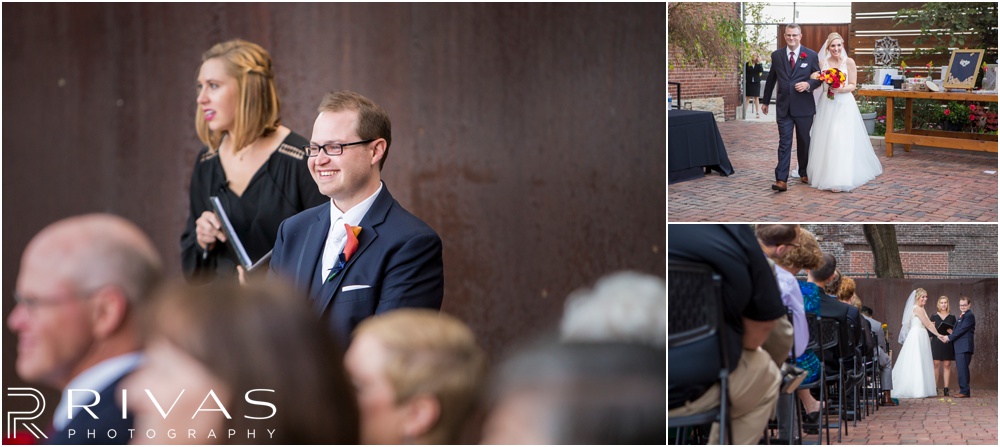 Rustic Outdoor Fall Wedding | Three candid photos of a bride walking down the aisle and her groom watching her walk down the aisle. 