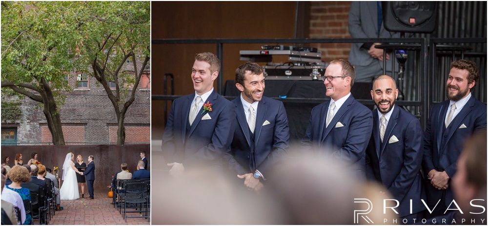 Rustic Outdoor Fall Wedding | Two candid images of a bride and groom and their groomsmen during their wedding ceremony. 