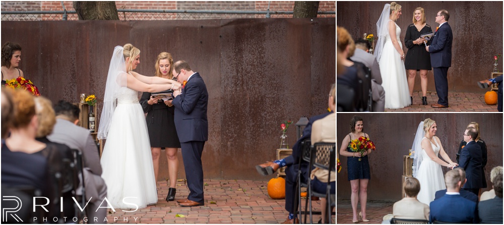 Rustic Outdoor Fall Wedding | Three candid pictures of a bride and groom exchanging rings and vows during their wedding ceremony. 