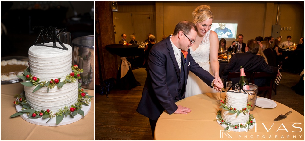Rustic Outdoor Fall Wedding | Two pictures of a bride and groom cutting their wedding cake at their reception. 