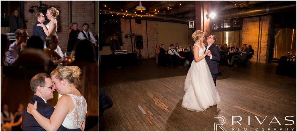 Rustic Outdoor Fall Wedding | Three photos of a bride and groom sharing their first dance during their wedding reception. 