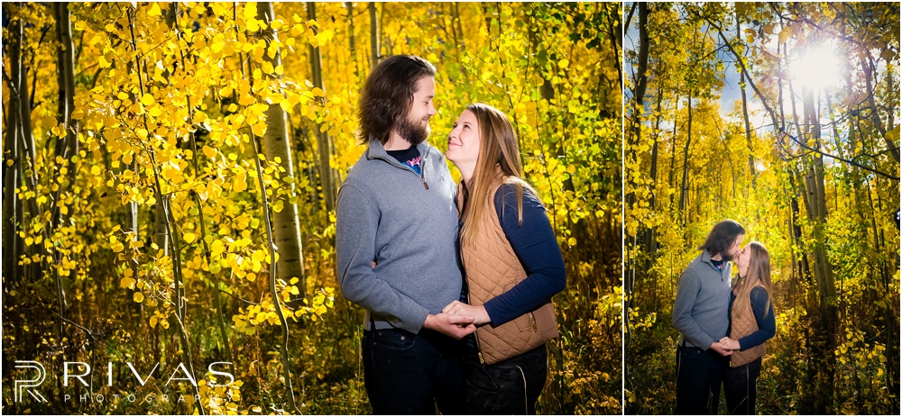 Fall Aspen Engagement Session | Two photos of a couple in fall sweatshirts standing in a grove of yellow aspens outside Aspen, Colorado. 