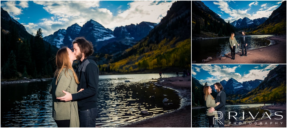 Fall Aspen Engagement Session | Three photos of an engaged couple in fall sweaters at Maroon Bells near Aspen, Colorado. 