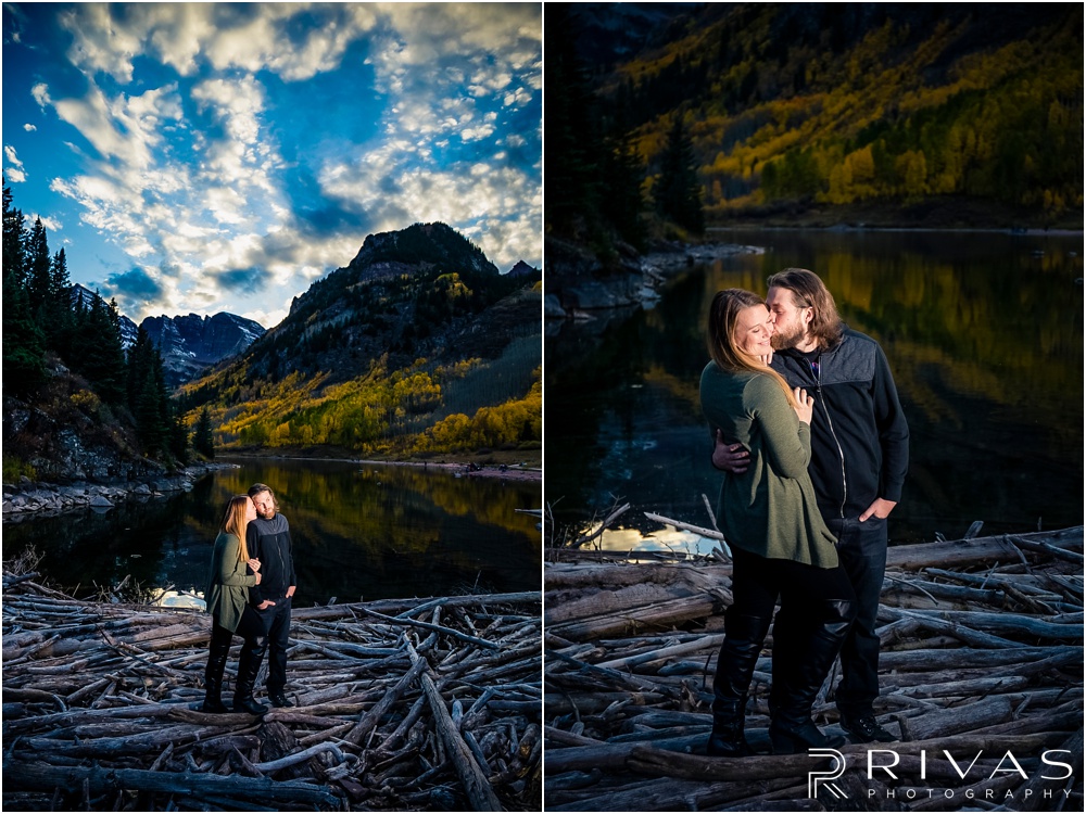 Fall Aspen Engagement Session | Two pictures of an engaged couple in fall sweaters by the lake at Maroon Bells near Aspen, Colorado. 
