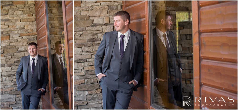 elegant fall wedding buffalo lodge | Two pictures of a groom on his wedding day on the patio of The Buffalo Lodge. 