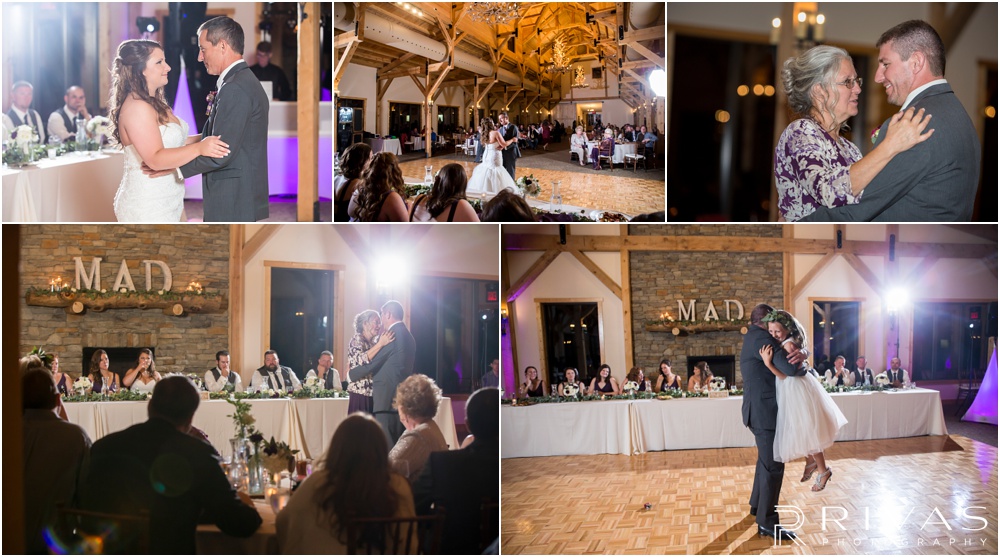 elegant fall wedding buffalo lodge | Five candid photos of a bride and groom dancing with their family at The Buffalo Lodge.  