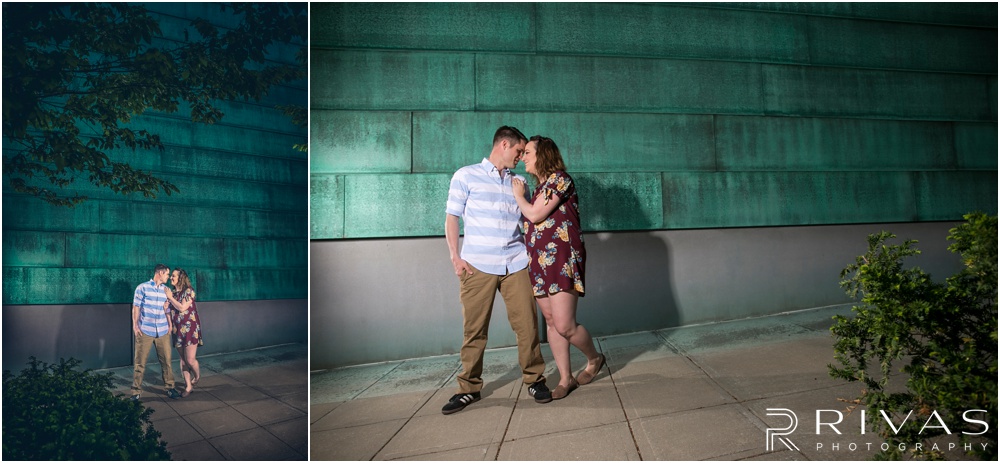 Summertime Crossroads Engagement Session | Two pictures of an engaged couple on the eastern side of the Kansas City Star Building. 