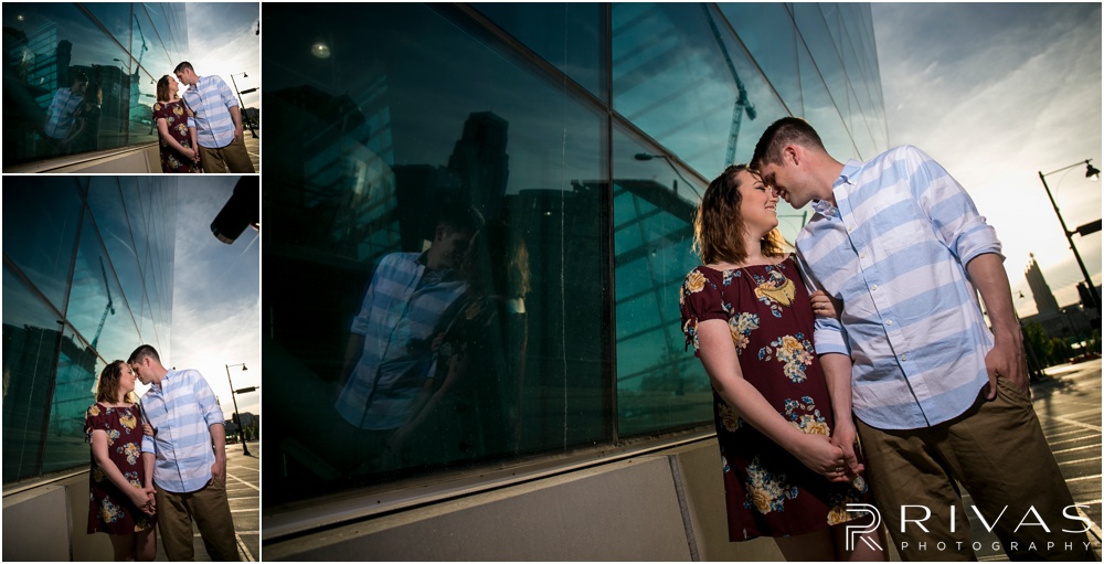 Summertime Crossroads Engagement Session | Three pictures of an engaged couple on the north side of the Kansas City Star Building. 