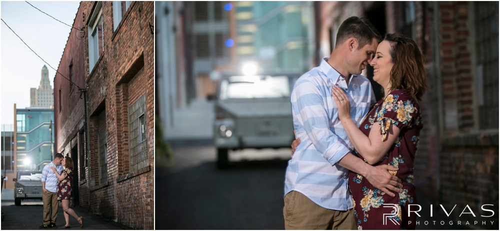 Summertime Crossroads Engagement Session | Two pictures of an engaged couple in a brick alleyway of Kansas City's Crossroads District.  