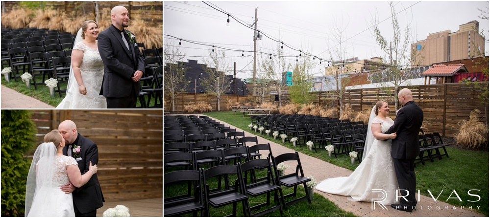 Vibrant Spring Wedding at The Guild | Three candid pictures of a bride and groom's first look on their wedding day in the courtyard at The Guild KC. 