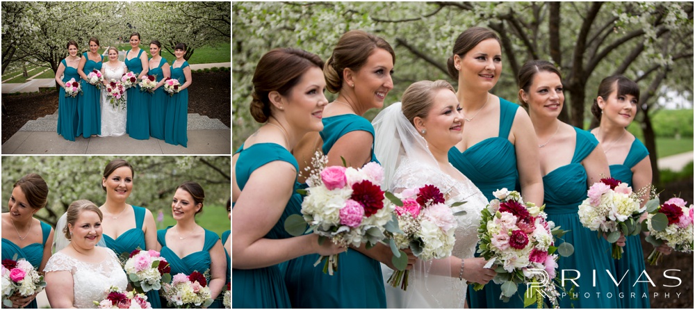 Vibrant Spring Wedding at The Guild | Three candid pictures of a bride and her bridesmaids underneath flowering trees at Ilus Davis Park in Kansas City. 