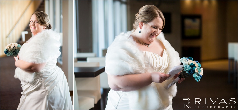 children's mercy park winter wedding | Two pictures of a bride showing off her wedding gown, fur stole, and bouquet while reading a letter from her groom. 
