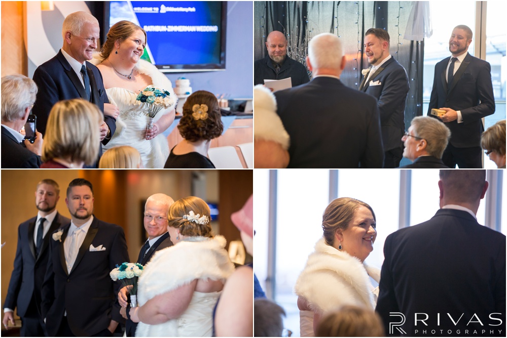 children's mercy park winter wedding | Four candid pictures of a bride walking down the aisle and her groom seeing her for the first time. 