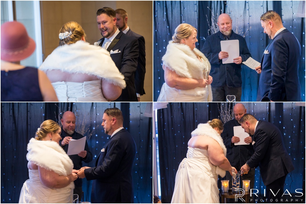children's mercy park winter wedding | Four candid pictures of a bride and groom exchanging vows, rings, and completing their sand ceremony. 