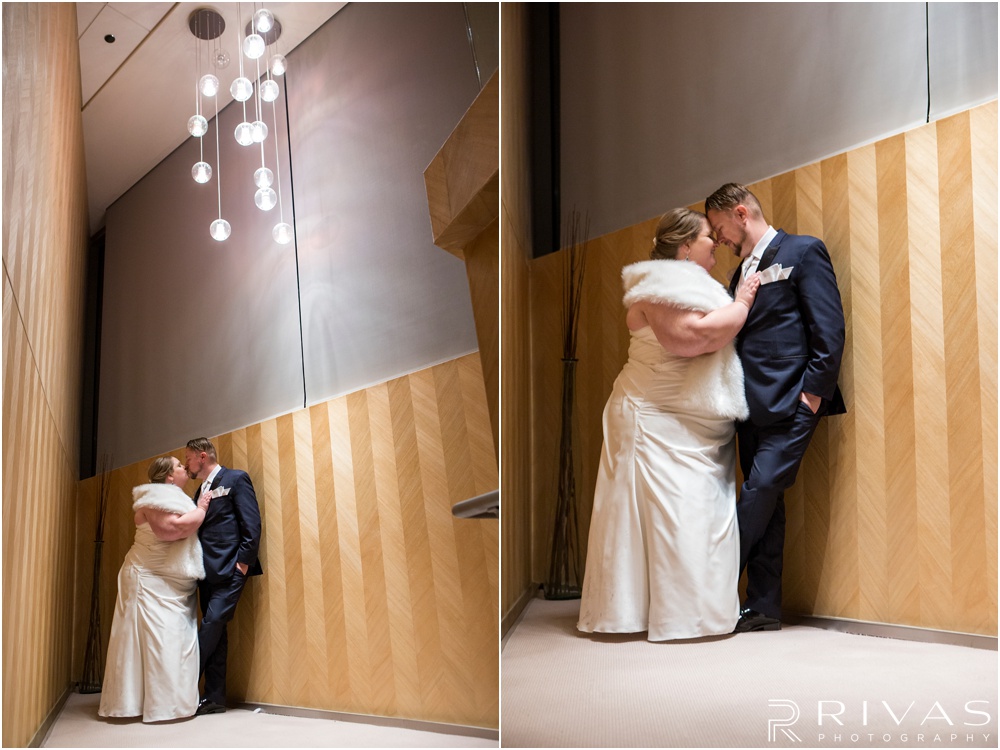 children's mercy park winter wedding | Two intimate pictures of a bride and groom embracing after their wedding ceremony. 