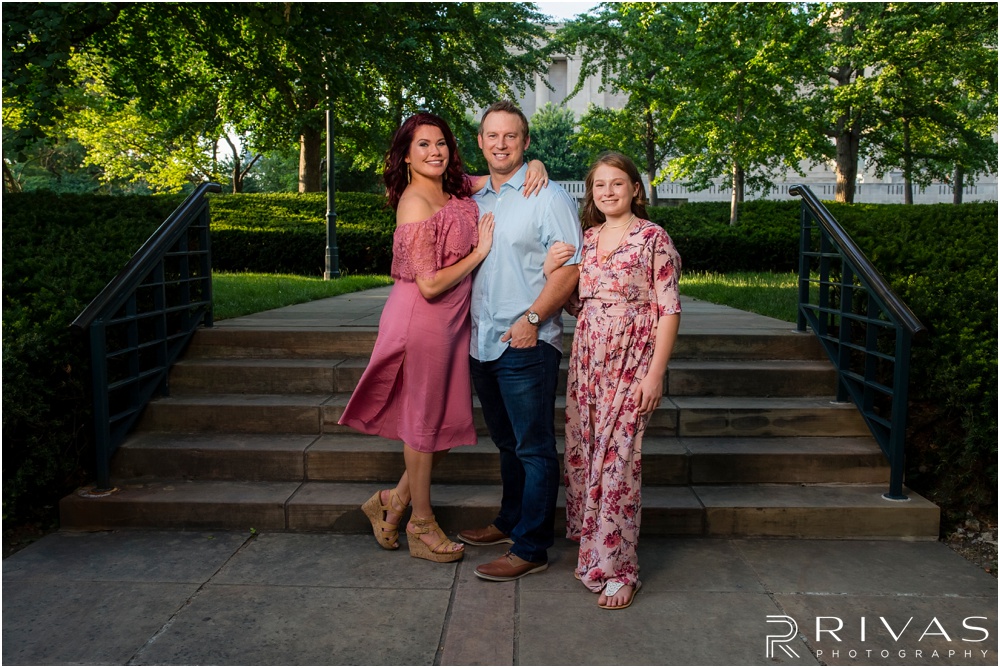 nighttime engagement photos Kansas City | Engagement photos with a bride, groom, and her thirteen year old daughter at The Nelson.