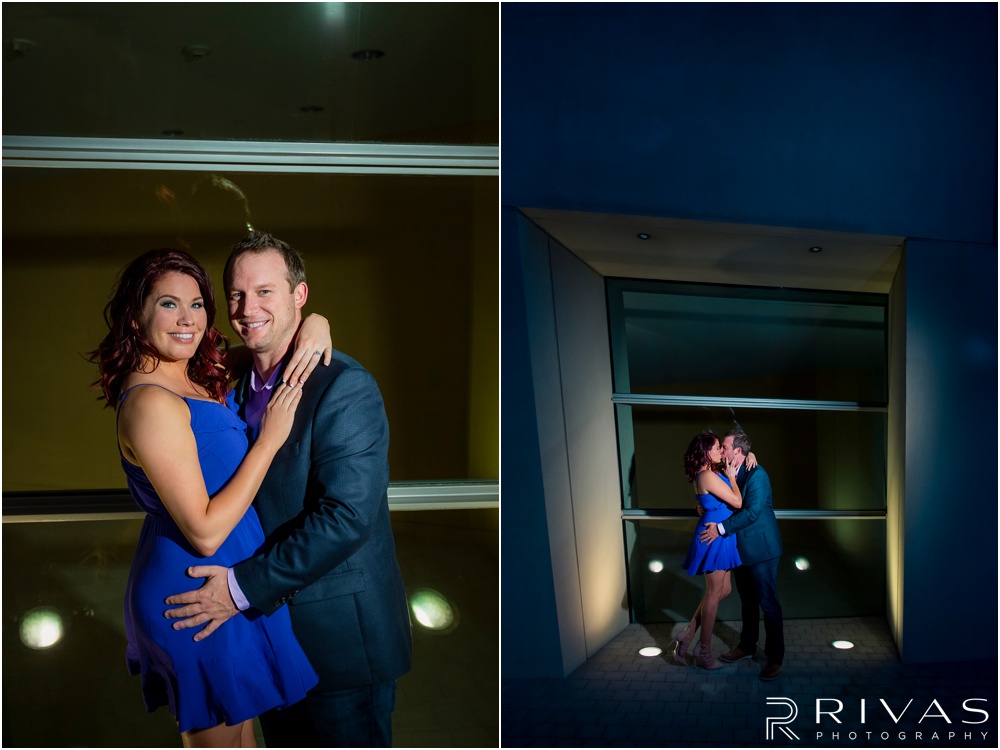 nighttime engagement photos Kansas City  at The Kauffman Center for the Performing Arts with an engaged couple. 
