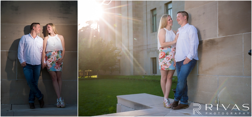 Nelson Atkins Summertime Engagement | Two images of an engaged couple interacting with each other and embracing at The Nelson Atkins Museum of Art. 
