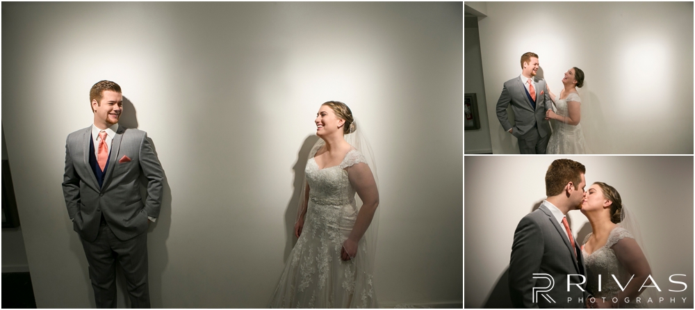 St. John the Evangelist Catholic Church Spring Wedding | Three pictures of a bride and groom together at the Lawrence Arts Center. 