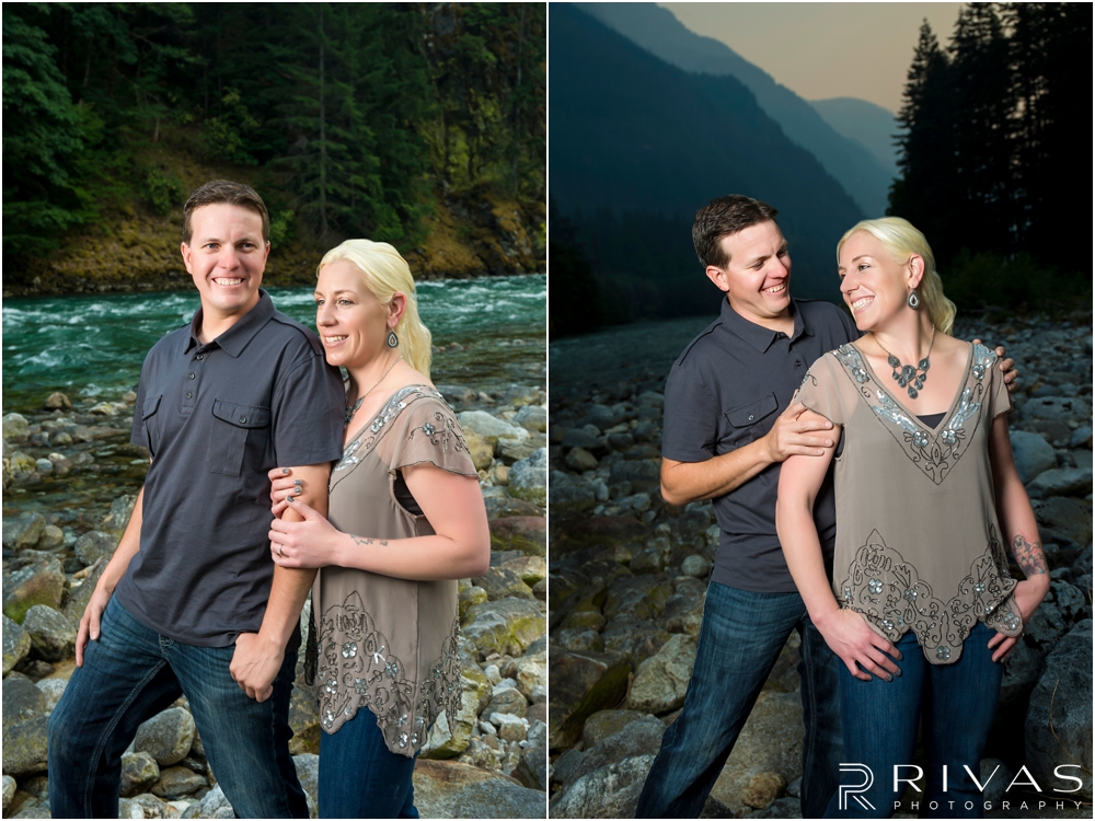 Diablo Lake Engagement Session | Two images of an engaged couple embracing on a rocky beach at Diablo Lake, Washington. 