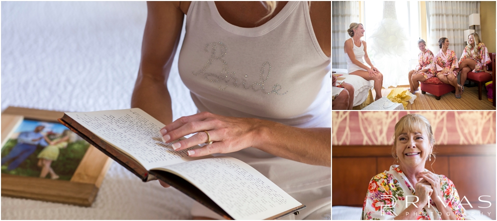 Staley Farms Golf Club Summer Wedding | Three images of a bride reading a journal written by her husband, and laughing with her bridesmaids and mom on her wedding day. 