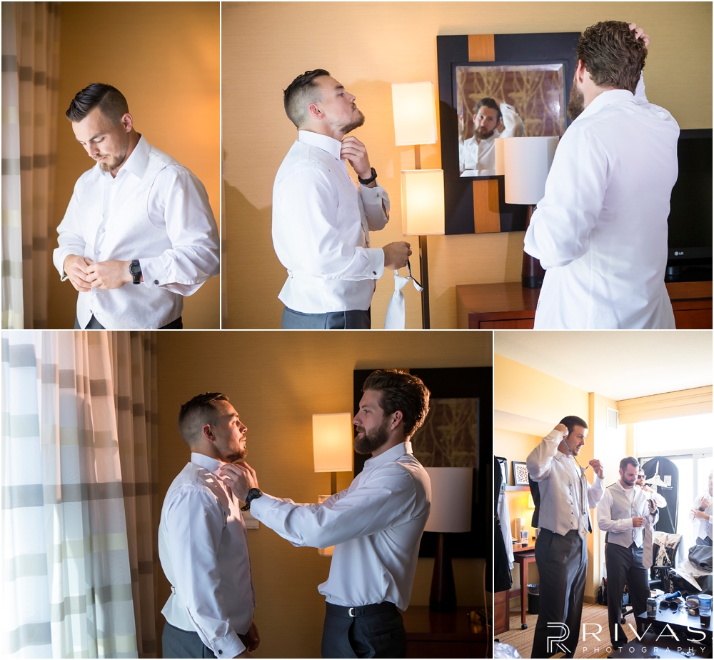 Staley Farms Golf Club Summer Wedding | Four candid pictures of a groom getting ready for his wedding day with his groomsmen.  