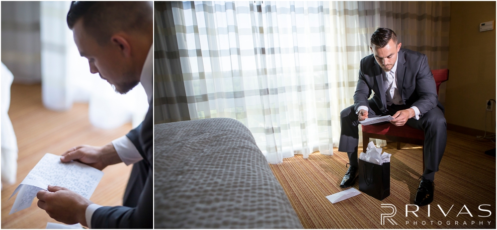 Staley Farms Golf Club Summer Wedding | Two pictures of a groom reading a letter from his bride on his wedding day. 