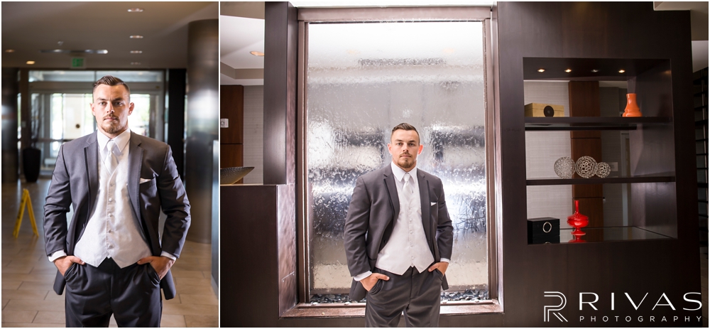 Staley Farms Golf Club Summer Wedding | Two portraits of a groom on his wedding day just before his wedding. 