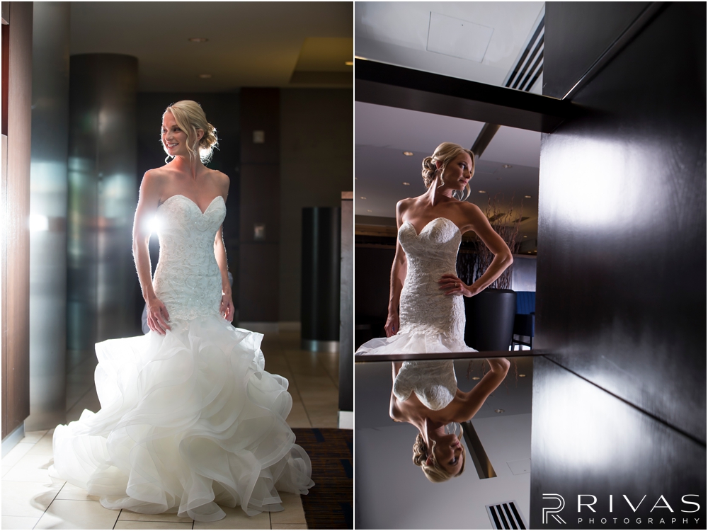 Staley Farms Golf Club Summer Wedding | Two portraits of a bride on her wedding day just before her wedding. 