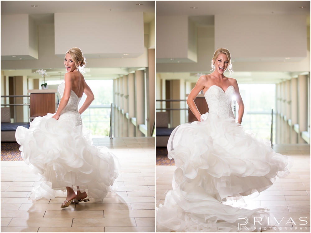 Staley Farms Golf Club Summer Wedding | Two candid photos of a bride twirling in her wedding gown before her wedding ceremony. 