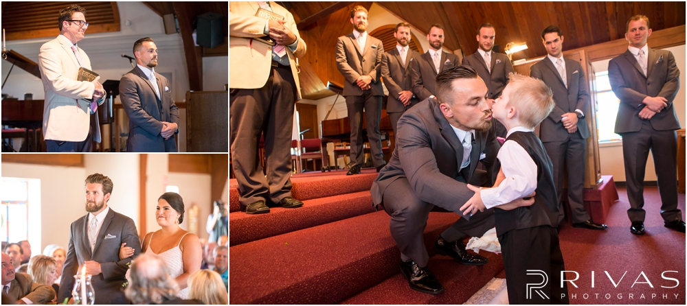 Staley Farms Golf Club Summer Wedding | Three pictures of a groom watching groomsmen and bridesmaids walking down the aisle as he waits for his bride. 