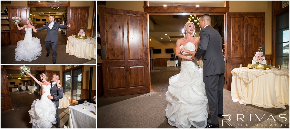 Staley Farms Golf Club Summer Wedding | Three candid photos of a bride and groom entering their wedding reception held at Staley Farms Golf Club in Kansas City. 