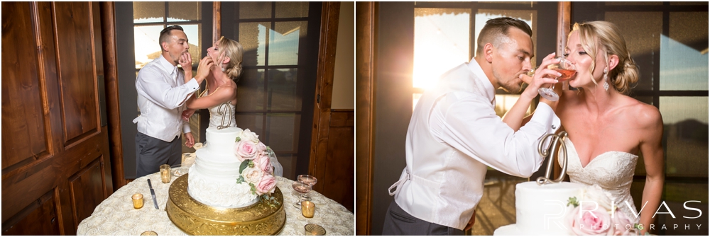 Staley Farms Golf Club Summer Wedding | Two candid pictures of a bride and groom eating their wedding cake and toasting during their wedding reception held at Staley Farms Golf Club in Kansas City. 