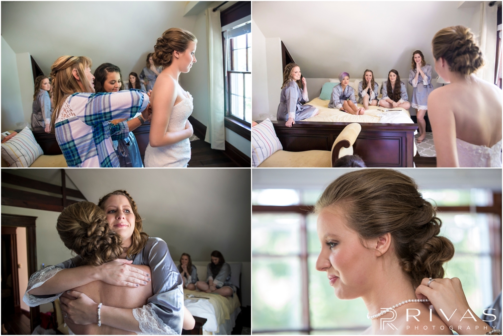 Classic Summer Wedding at Berg Event Space | Four candid photos of a bride putting on her wedding gown on the morning of her wedding. 