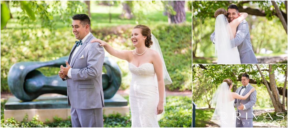 Classic Summer Wedding at Berg Event Space | Three candid photos of a bride and groom sharing a first look on their wedding day in the gardens at The Nelson Atkins Museum of Art in Kansas City. 