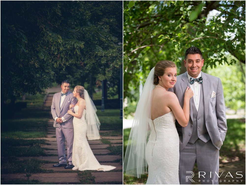 Classic Summer Wedding at Berg Event Space | Two candid pictures of a bride and groom embracing on their wedding day in the gardens at The Nelson Atkins Museum of Art in Kansas City. 