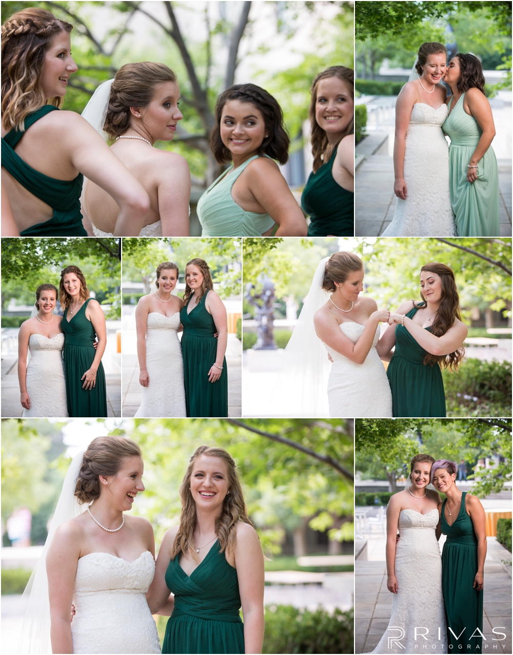 Classic Summer Wedding at Berg Event Space | Seven candid pictures of a bride and her bridesmaids dressed in green at The Nelson Atkins Museum of Art in Kansas City. 